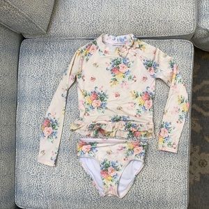 Janie and Jack blush pink flower print 2 piece rash guard bathing suit